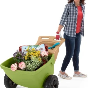 easy haul wheelbarrow with garden tool storage tray, durable heavy-duty plastic wheelbarrow with large easy turn wheels - green